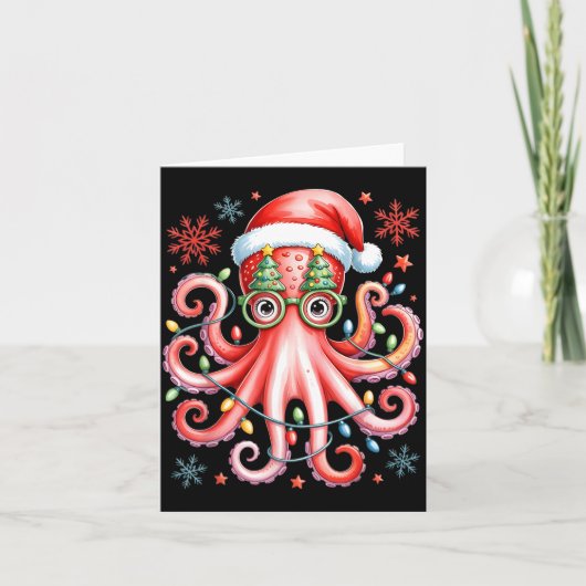 Octopus Gles Santa Hat Christmas Light Ocean Anima Kaart (Voorkant)