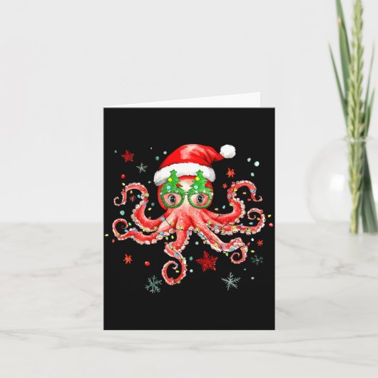 Octopus Gles Santa Hat Christmas Light Ocean Anima Kaart (Voorkant)