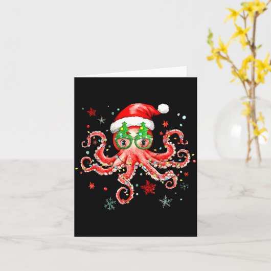 Octopus Gles Santa Hat Christmas Light Ocean Anima Kaart (Gele Bloem)