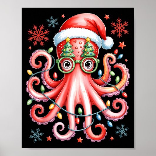 Octopus Gles Santa Hat Christmas Light Ocean Anima Poster (Voorkant)