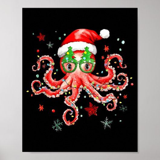 Octopus Gles Santa Hat Christmas Light Ocean Anima Poster (Voorkant)