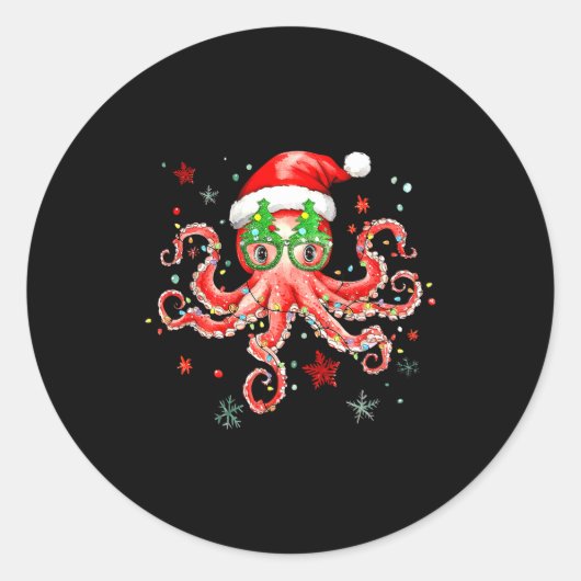 Octopus Gles Santa Hat Christmas Light Ocean Anima Ronde Sticker (Voorkant)