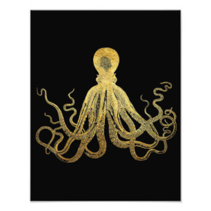  Octopus Gold Black Ink Kustan Nautical Ph Foto Afdruk