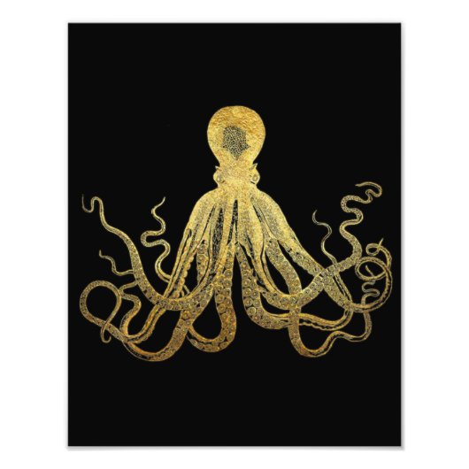  Octopus Gold Black Ink Kustan Nautical Ph Foto Afdruk (Voorkant)