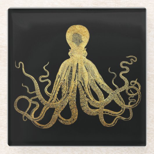  Octopus Gold Black Inkt Kustanaal Nautisch Glazen Onderzetter (Voorkant)