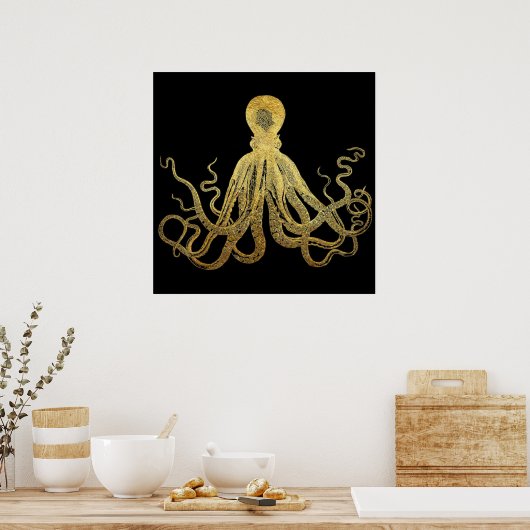  Octopus Gold Black Inkt Kustanaal Nautisch Poster (Keuken)