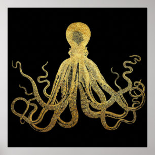  Octopus Gold Black Inkt Kustanaal Nautisch Poster
