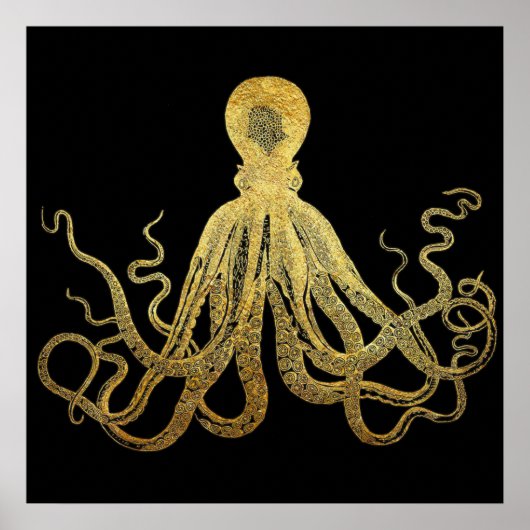  Octopus Gold Black Inkt Kustanaal Nautisch Poster (Voorkant)