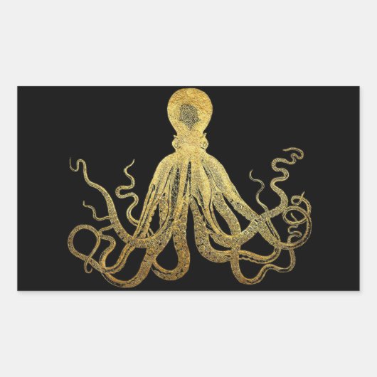  Octopus Gold Black Inkt Kustanaal Nautisch Rechthoekige Sticker (Voorkant)