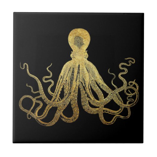  Octopus Gold Black Inkt Kustanaal Nautisch Tegeltje (Voorkant)
