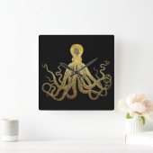 Octopus Gold Black Inkt Kustanaal Nautisch Vierkante Klok (Huis)