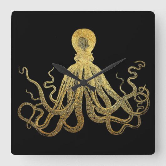 Octopus Gold Black Inkt Kustanaal Nautisch Vierkante Klok (Voorkant)