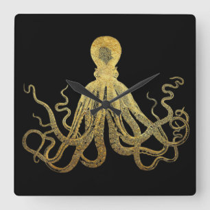 Octopus Gold Black Inkt Kustanaal Nautisch Vierkante Klok
