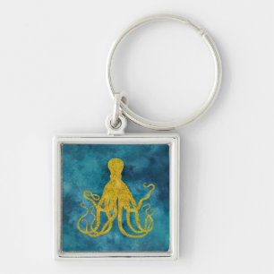 Octopus Goud Luipaard Skin Print Teal Aqua Blauw Sleutelhanger