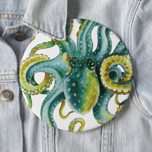 Octopus Green Tentacles Waterverf Art Ronde Button 6,0 Cm (In situ)