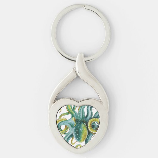 Octopus Green Tentacles Waterverf Art Sleutelhanger (Voorkant)