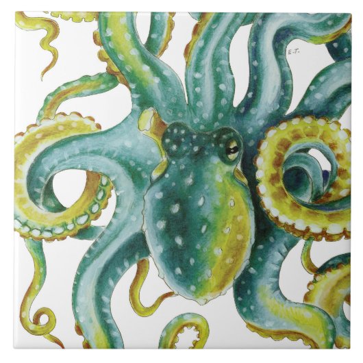Octopus Green Tentacles Waterverf Art Tegeltje (Voorkant)