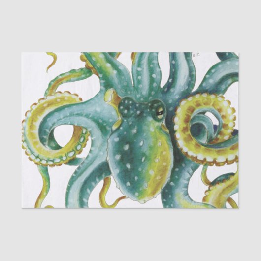 Octopus Green Tentacles Waterverf Art Tissuepapier (Voorkant)