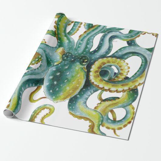 Octopus Green Waterverf Art Cadeaupapier (Uitgerold)