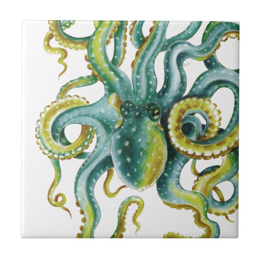 Octopus Green Waterverf Art Tegeltje (Voorkant)