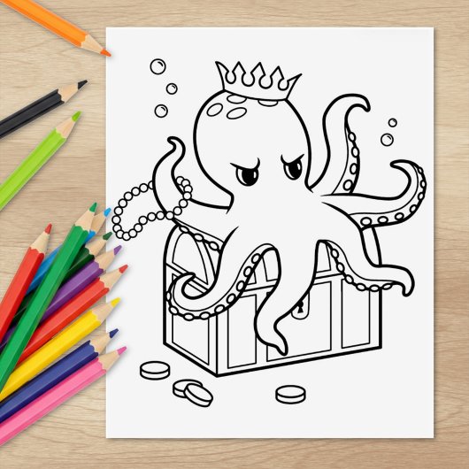 Octopus Guarding Treasure Borst Kleurplaat Rubberstempel