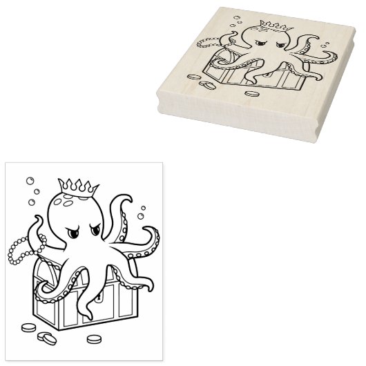 Octopus Guarding Treasure Borst Kleurplaat Rubberstempel (Gestempeld)