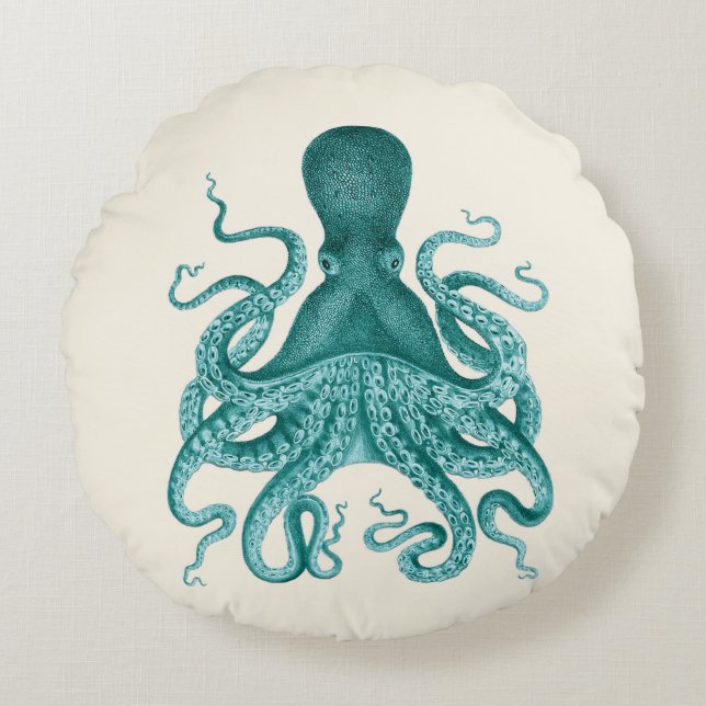  Octopus Illustratie in Turquoise Rond Kussen (Voorkant)