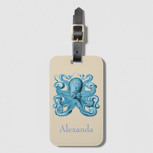 Octopus in blauw en gepersonaliseerd bagagelabel (Voorkant (verticaal))