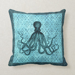 Octopus in het Blauwgroen op Damask Kussen