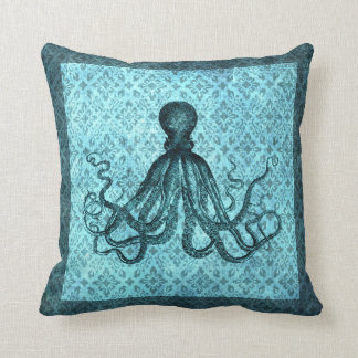 Octopus in het Blauwgroen op Damask Kussen