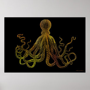  octopus in zwart-wit en goud poster