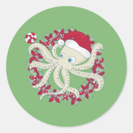 octopus kerstman kerstkrans poinsettia ronde sticker