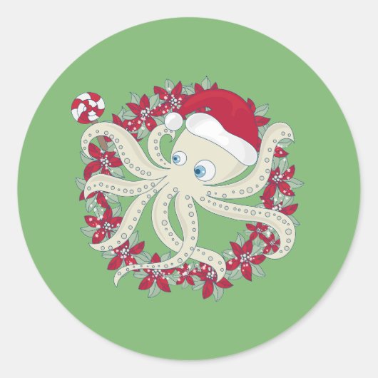 octopus kerstman kerstkrans poinsettia ronde sticker (Voorkant)