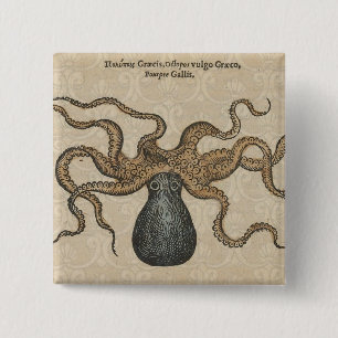 Octopus Kraken Antiek Kust Mariene Wilde Dieren Vierkante Button 5,1 Cm