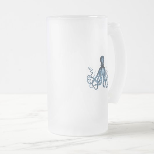Octopus kraken nautische kuststrook: blauw matglas bierpul (Voorkant rechts)