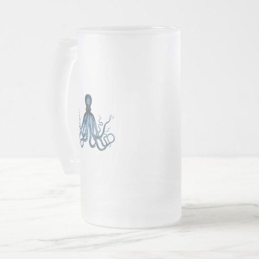 Octopus kraken nautische kuststrook: blauw matglas bierpul (Voorkant links)