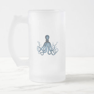 Octopus kraken nautische kuststrook: blauw matglas bierpul