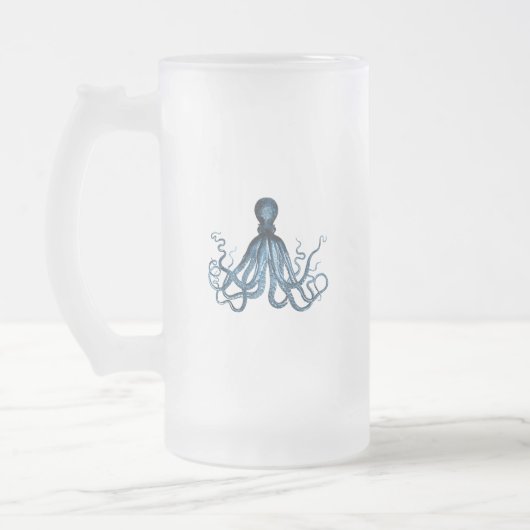 Octopus kraken nautische kuststrook: blauw matglas bierpul (Links)