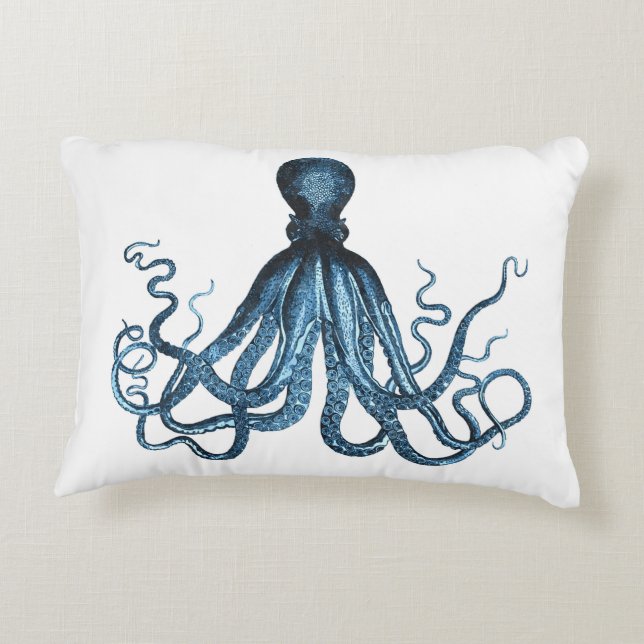 Octopus kraken nautische kuststrook strand blauw accent kussen (Achterkant)
