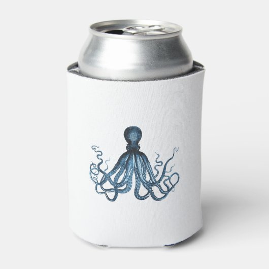 Octopus kraken nautische kuststrook strand blauw blikjeskoeler (Blikje Voorkant)