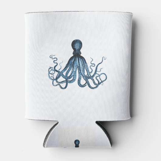 Octopus kraken nautische kuststrook strand blauw blikjeskoeler (Voorkant)