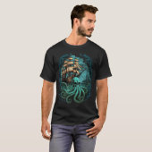 Octopus Kraken Piratenschip zeilen T-shirt (Voorkant volledig)