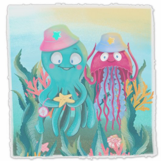 Octopus Kwallen Vrienden Feesthoeden Kinderkamer Sticker (Voorkant)