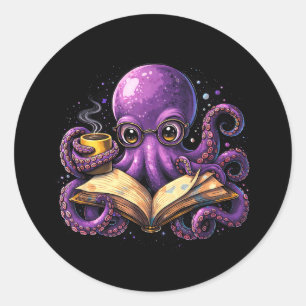 Octopus leest boek koffieliefhebber boeken caffein ronde sticker