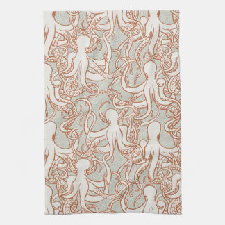 Octopus Lijnkunst | Modern Kust (Oranje & Grijs) Theedoek