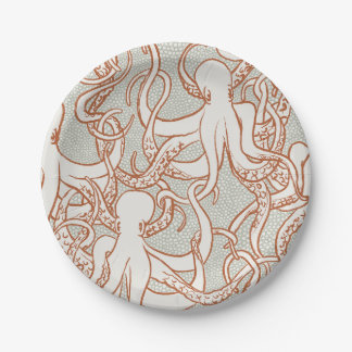 Octopus Lijnkunst | Ronde Borden (Oranje & Grijs) Papieren Bordje