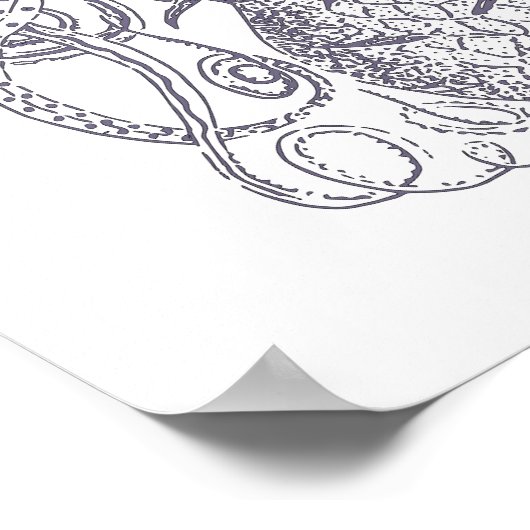 Octopus Line Art Drawing Block Print in Paars (Hoek)