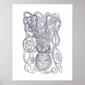 Octopus Line Art Drawing Block Print in Paars (Voorkant)