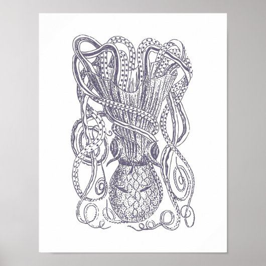 Octopus Line Art Drawing Block Print in Paars (Voorkant)