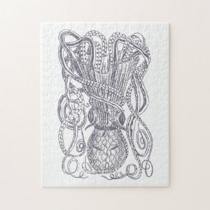 Octopus Line Art Drawing Block Print in Paars Legpuzzel